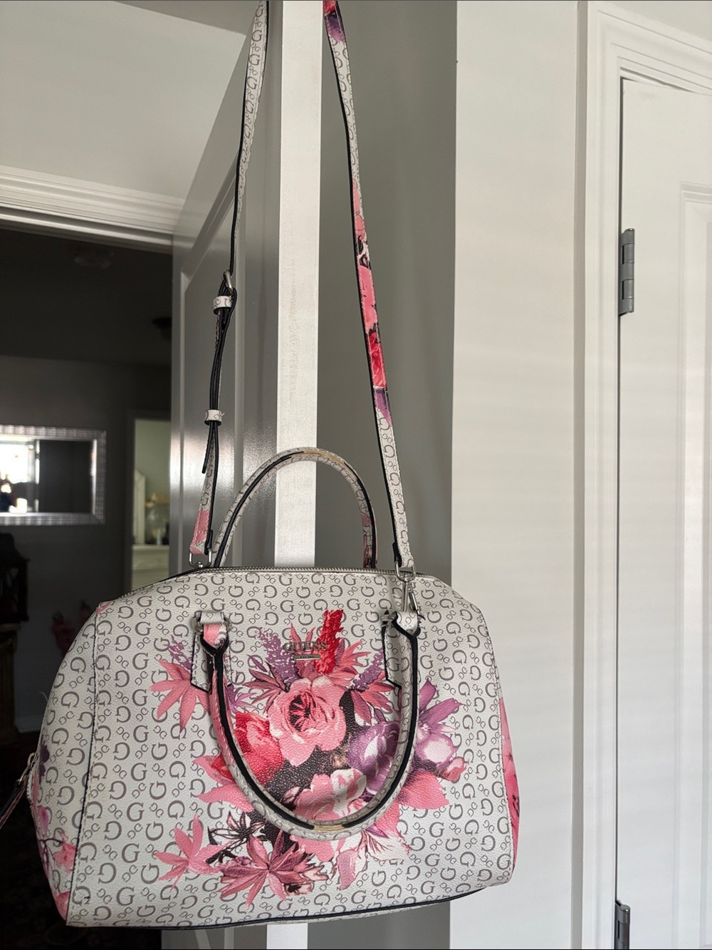 Guess Floral Logo Satchel in Pink and White
